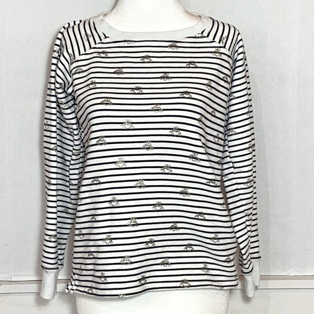 Coastal Preppy, Nautical Stripes with embroidered bees Top Women Sz S